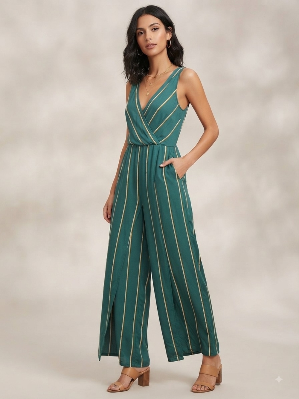 Ett Twa By Anthropologie Teal Striped Wide Leg Jumpsuit Size Large